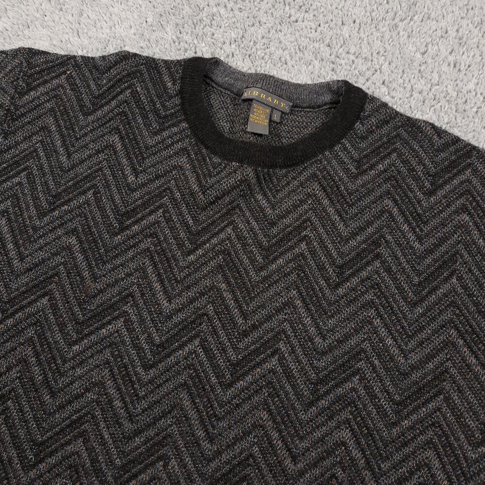 Library Wool Blend Sweater Crew Neck Mens Large Made In‎ Uruguay Chevron Gray